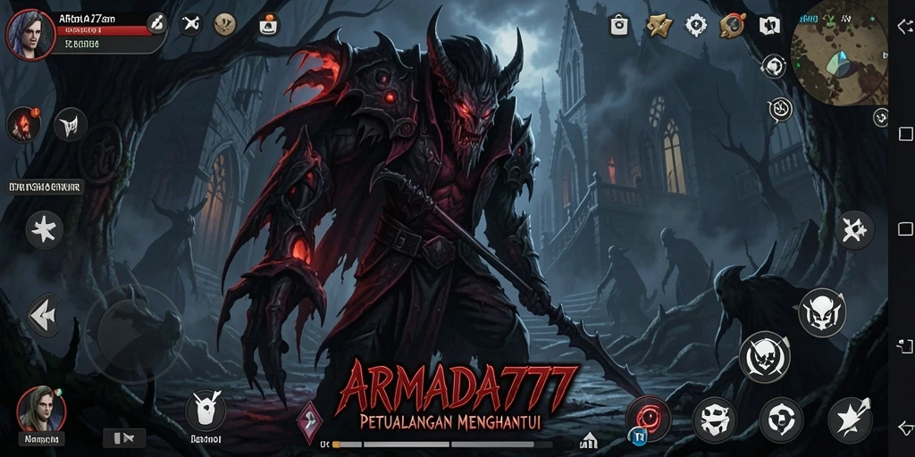 Screenshot gameplay ARMADA777 menampilkan suasana mencekam dan elemen horor yang menonjol.