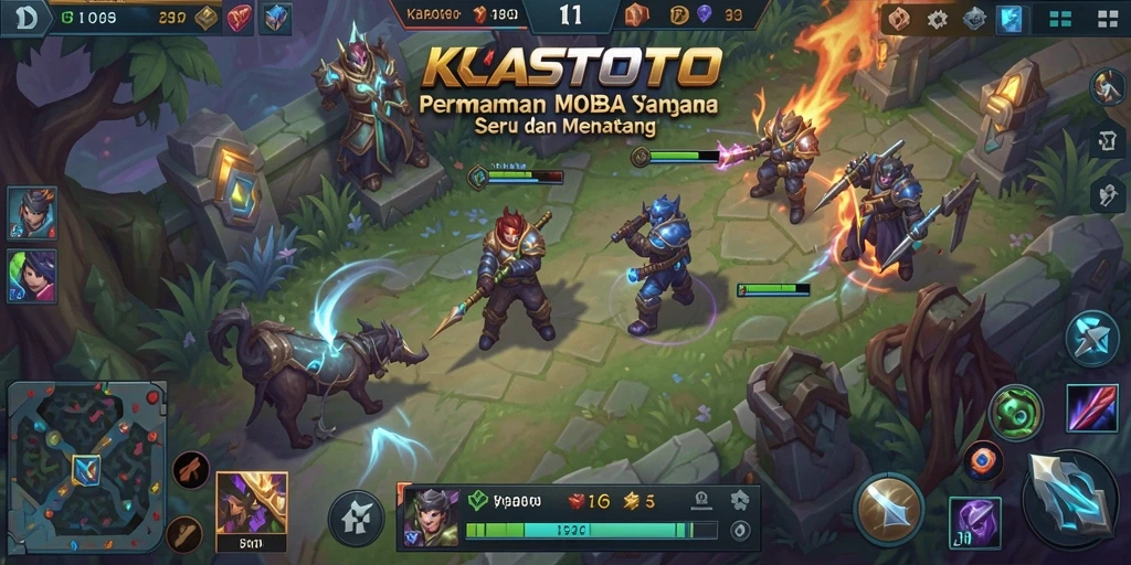 Tampilan seru pertempuran di KASTOTO dengan strategi MOBA.