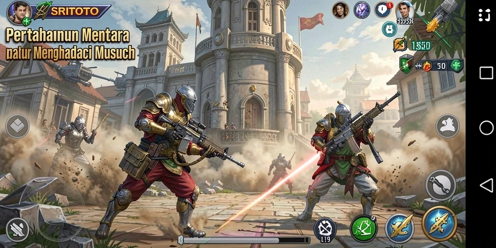 Tampilan gameplay yang menampilkan pertahanan menara melawan gelombang musuh.